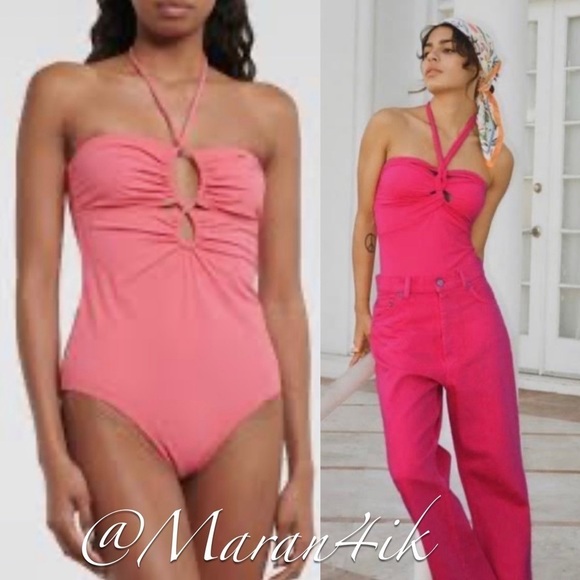 Bleu Rod Beattie Lace-Up Ruched Beaded Bandeau One-Pieces Swimsuit Pink 8 - Picture 1 of 15